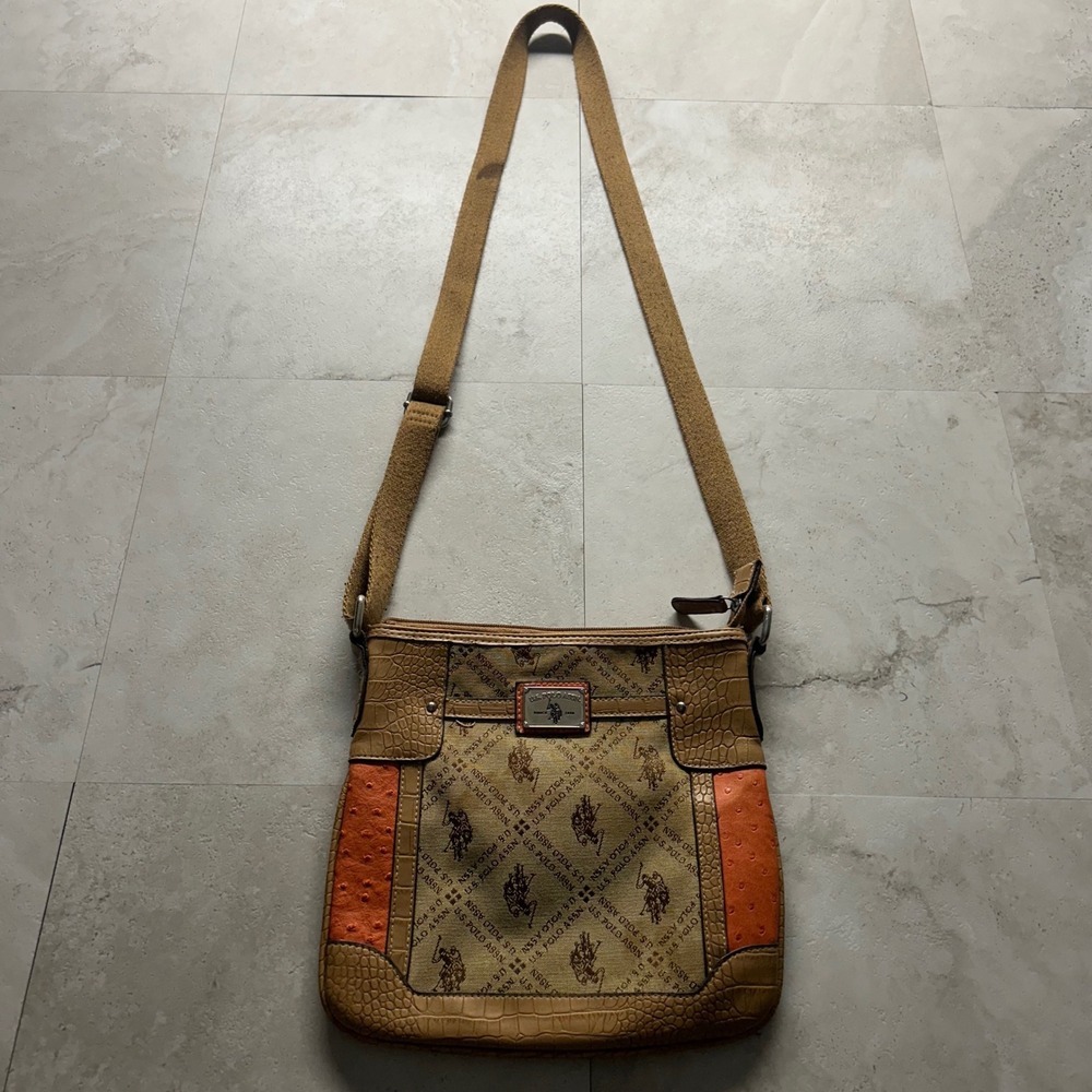 US Polo Assn Crossbody Bag Brown Monogram Orange Faux Ostrich Croc Trim 1222